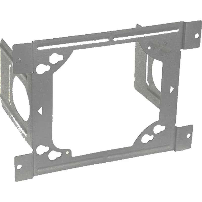 This is a box support for mounting electrical boxes. It is made of pre galvanized steel with a stamped construction and silver finish. The bracket mounts to either side of 2-1/2 inch and 3-1/2 inch wood or metal studs for 4 inch or 4-11/16 inch electrical boxes.
