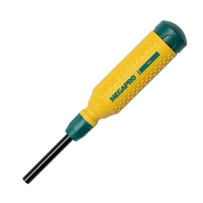 Minerallac Company 37198 - This is a 15-in-1 hex screwdriver with 14 hex-specific bits plus a 1/4 in hex nut driver. It has a plastic handle with canister storage, a round shank, and S2 steel bits. The tool is 8-5/8 in overall length with a 6 in handle length and 2-1/2 in shank length. The handle color is yellow and green.