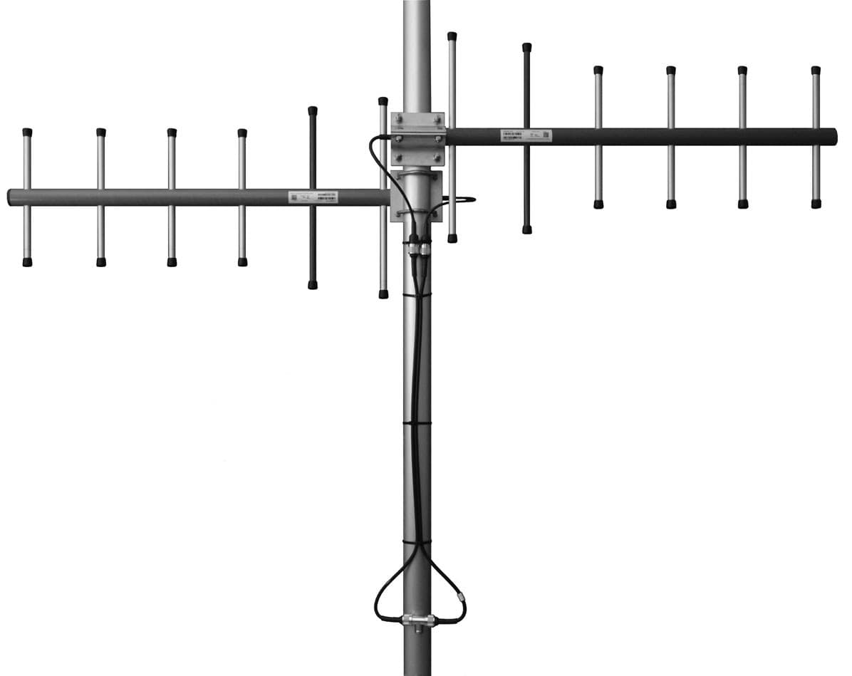 directional end fire yagi array - Frequency range: 405-440 MHz - Gain: 9 dBi - Polarization: vertical/horizontal - Connector: N-/TNC-female - VSWR: <1.5 - Radome: ABS/FG PU foam - Radiator material: copper - Mounting: 35-60 mm diameter pole - Wind load: 184 N