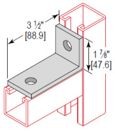 Minerallac Company CA2H350LEG - An angular fitting with 2 holes for strut applications. It is made of carbon steel with an electro-galvanized finish. The part measures 3-1/2" deep, 1-7/8" high, and 1-5/8" wide, with 1/4" thickness and 9/16" holes.