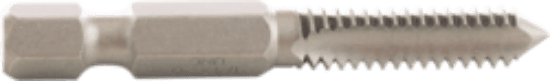 Hex shank power tap kit for machine tapping through holes or blind holes with adequate bottom clearance. It is a spiral point tap kit with UNC thread type. The kit includes sizes 6-32, 8-32, 10-24, 10-32, and 1/4"-20, with thread lengths from 11/16" to 1".