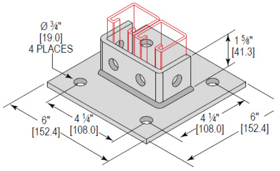 Minerallac Company PBD4H162SQEG - Post base double channel with 4 holes and a square 1-5/8 size. It is zinc plated. The sheet identifies it as catalog number PBD4H162SQEG.