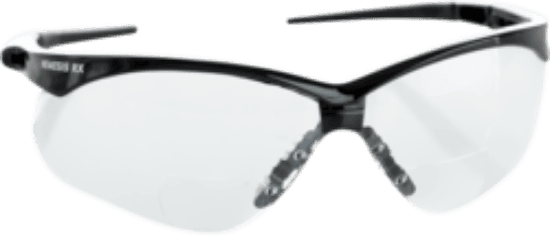Nemesis RX Reader safety glasses with a black frame and clear +2.0 prescription lens. They feature a sporty, flexible, lightweight design with wraparound impact protection and an enhanced nose piece to channel away sweat. The polycarbonate lenses provide 99.9% UVA/UVB/UVC protection and are hard coated for scratch resistance.