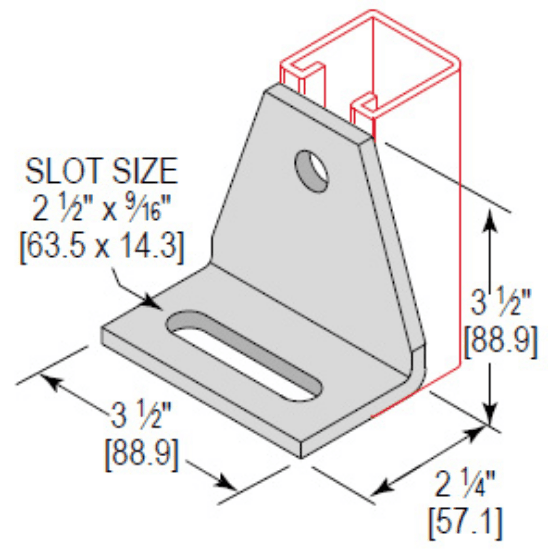 Minerallac Company CAAG2HEG - A 2 hole adjustable gusset corner angle angular fitting. It is made of carbon steel with an electro-galvanized finish. The part measures 3-1/2" high by 3-1/2" wide by 2-1/4" deep and has 1/4" thickness. It has one 9/16" hole and one 9/16" x 2-1/2" hole.