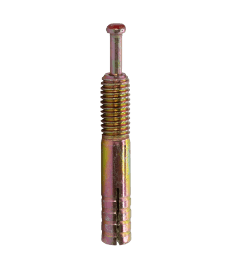 Minerallac Company 63238 - Strike Pin Anchor for use in solid concrete, brick, stone, or grout-filled block. It is 3/8" in diameter and 2-3/8" long, with a minimum embedment depth of 1-7/8". The finish is zinc plated and it includes a nut and washer.