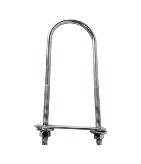 This is a U-bolt with nuts and plates included. It is made of carbon steel with a zinc plated finish. The part measures 9 in. high and 2-3/8 in. wide, and it fits 2 in. pipe. The threaded section is 5/16 in. x 3 in. with 18 threads per inch.