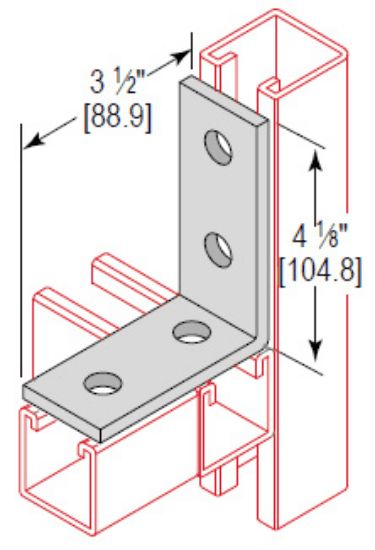 Minerallac Company CA4H3WEG - A 4 hole 3 way corner angle angular fitting for strut fittings. It is made of steel with an electro-galvanized finish. The fitting has 4 mounting holes with 9/16" diameter and a width of 1-5/8". It is mounted with nut and bolt hardware.