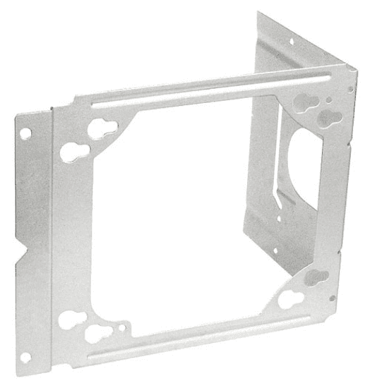 Heavy-duty electrical box support for 2-1/2" and 3-1/2" wood or metal studs. It fits 4" or 4-11/16" electrical boxes and is made of pre-galvanized steel. The support is silver in color and has a size of 2-1/2" x 3-1/2".