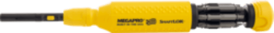 Minerallac Company 37023 - This is an HVAC Shaftlok screwdriver with a retractable bit cartridge and a precision 28-tooth ratchet design. It has an ergonomic cushion-grip plastic handle in red, a round 3 in shank, and an overall length of 8-3/4 in. The screwdriver fits 1/4 in hex insert bits and uses Tri-Wing, TORX-Plus TR, and TORX-Set tip types.