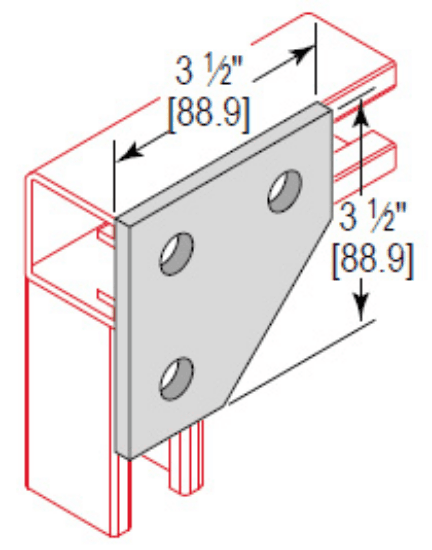 Minerallac Company CGP3HEG - A 3 hole corner gusset plate with an angular fitting design. It is made of carbon steel with an electro-galvanized finish. The plate measures 3-1/2 in. high by 3-1/2 in. wide and has 3 holes sized 9/16 in. The thickness is 1/4 in.
