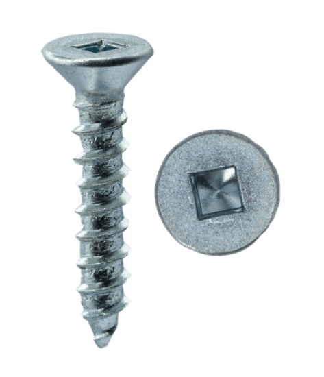 Wood screw with large threads and a smooth shank for pulling and mating two pieces of material together. It is made of steel with a zinc plated finish and has a flat head with square drive. The screw size is 12 x 2-1/2 in, with 2-1/2 in length, #3 driver size, 11 thread size, .132 in head height, and 0.40 in head diameter.