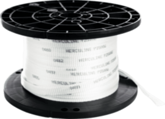 This is a cable pulling tape made of polyester. It is 3/4 in wide and 1500 ft long, with a tensile strength of 2,500 lb. The tape is woven and prelubricated, with sequential footage markings for accurate measurements and easier pulling through conduits or ducts.