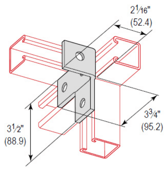 A 4 hole offset bent tee, left hand, with zinc plated finish. It is made of carbon steel and is an angular fitting. The sheet lists dimensions of 3-1/2 in. height, 3-3/4 in. width, 2-1/16 in. depth, and 1/4 in. thickness.