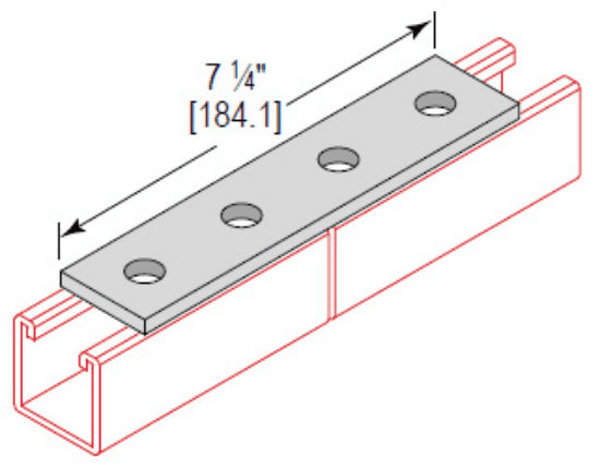 Minerallac Company SP4HEG - A 4 hole splice plate made of steel with an electro-galvanized finish. It is a straight flat plate fitting with 4 mounting holes spaced 9/16 in. on center. The plate thickness is 1/4 in.