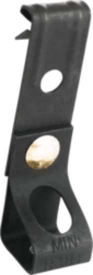 Rod to flange hanger for suspending threaded rod from a vertical flange. Made of spring steel with a black phosphate finish and black color. For use with 1/4" threaded rod and a 1/16"–5/32" flange; static load capacity is 160 lbs.