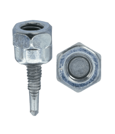 A threaded rod anchor for installing vertically into the bottom of steel structures for hanging threaded rod. It is made of steel with an electro-zinc finish. The sheet lists a 2" length, 1/4" size, 14 thread size, and 1/2" rod size.