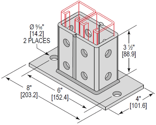 Minerallac Company PBD2H350SQBEG - A post base double channel with 2 holes, boxed. It is zinc plated. The sheet identifies it as a 3-1/2 size.