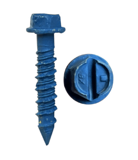 Tapcon concrete screws with a hex washer head and slotted drive. They are made of steel and finished with Blue Climaseal coating for extra corrosion protection. Size is 3/16 in diameter by 3-1/4 in length, and the sheet lists a patented Advance Threadform thread type. Includes a 5/32 in x 5-1/2 in drill bit.