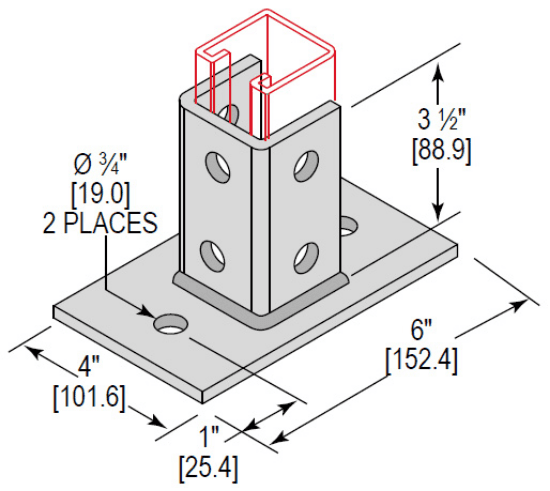 Post base single channel with 2 holes and a square 3-1/2 size. It is zinc plated. The sheet identifies it as catalog number PBS2H350SQEG.