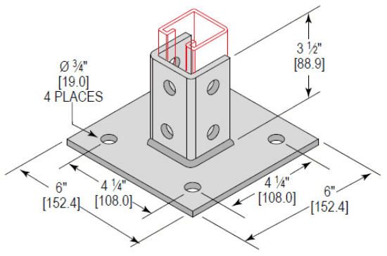 Minerallac Company PBS4H350SQEG - Post base single channel with a 4-hole square configuration and 3-1/2 size. It is zinc plated. The sheet identifies it as catalog number PBS4H350SQEG.