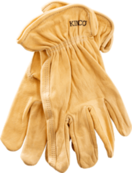 A grain cowhide driver's glove in size Large. It is made of leather with a tan finish and features a keystone thumb and shirred elastic back. The cuff is Easy-On™ or shirred elastic safety cuff.