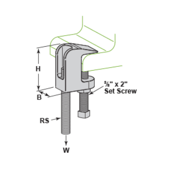 Beam clamp universal wide mouth for a 1-1/16" flange and 3/8" rod. It is made of steel with an electro-galvanized finish. Listed dimensions include 7/8" width and 1-15/16" height, with a 3/8" x 2" set screw and a maximum load of 400 lbs.