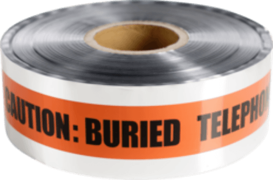 This is an underground detectable tape for identifying buried utility lines. It is foil-bonded polyethylene with a silver finish and orange stripe, and it carries the legend "Buried Telephone Line Below." The tape is 6 inches wide, 1000 feet long, and 5.0 mil thick. It is highly resistant to alkaline, chemical, and organic compounds.