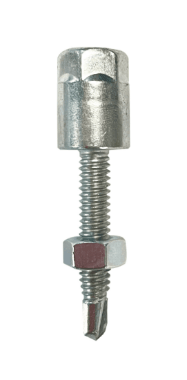 Vertical rod hanger for installing into the bottom of steel structures for hanging threaded rod. It is made of carbon steel with a zinc plated finish. The hanger has a 1/4"-20 thread size, 3/8-16 internal thread size, and a 1" length. Nut included.