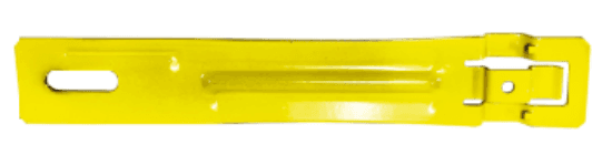 Electrical drop wire/rod securing clip for wire size #13 to #8. It is made of spring steel with a powder coated finish and yellow color. The listed dimensions are 7-3/4 in height, 1-1/4 in width, and 3/8 in depth.