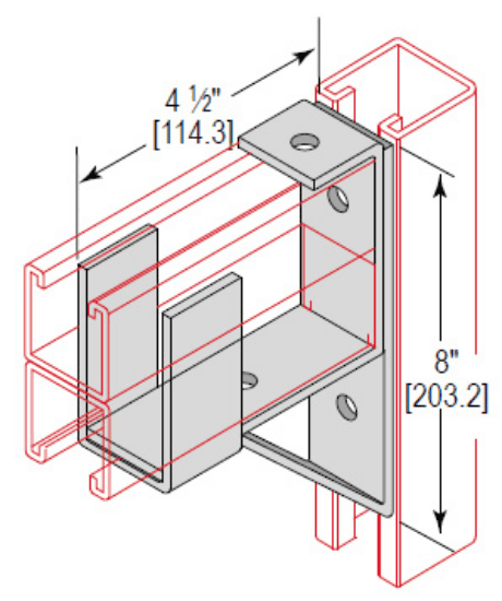 Minerallac Company BRC325EG - Steel bracket for 3-1/4" strut channel. It is made of carbon steel with an electro-galvanized finish. The bracket has 4 mounting holes with 9/16" diameter and is 1-5/8" wide. Maximum moment is 12,500 in.lb. (1412 Nm) when mounted on 12 gauge channel.