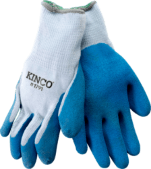 A utility gripping glove with a gray knitted shell, elastic knit wrist, and blue crinkle-finish latex coated palm and fingers. It has an acrylic knit shell and a knit wrist cuff. The glove is sized Medium and is gray and blue.