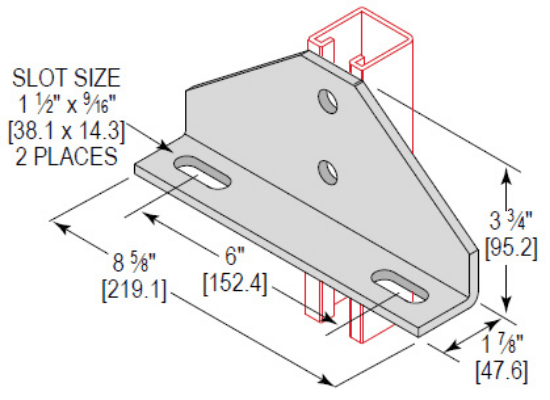 Minerallac Company CAA4H862EG - Angular fitting made of carbon steel with an electro-galvanized finish. It measures 8-5/8" wide, 3-3-3/4" high, and 1-7/8" deep. The fitting has 4 holes: 2 at 9/16" and 2 at 9/16" x 1-1/2", with 1/4" thickness.