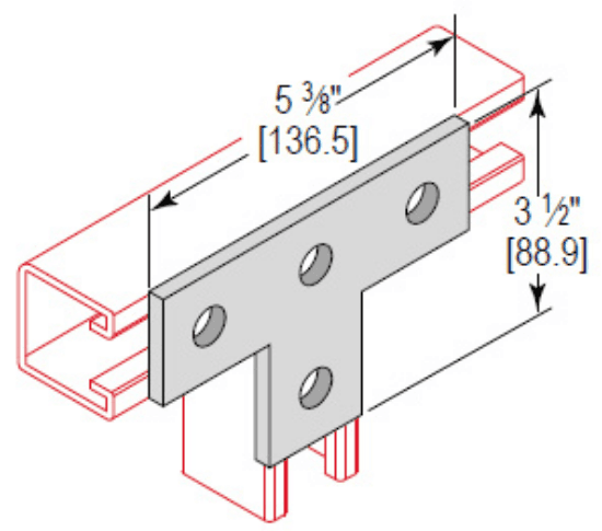 Minerallac Company TP4HEG - A 4 hole tee plate flat plate fitting for stud bolt applications. It is made of steel with an electro-galvanized finish. The plate is T-shaped, has 4 holes, 9/16 in mounting holes on center, and is 1/4 in thick.