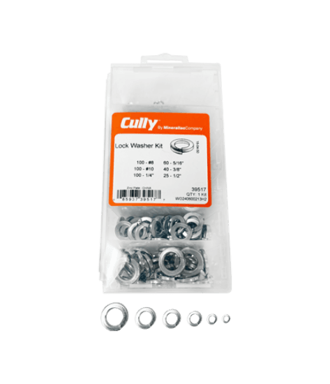 A medium split lock washer kit containing sizes #8, #10, 1/4 in., 5/16 in., 3/8 in., and 1/2 in. It is made of steel with a zinc plated finish and silver color. The washers are intended to provide a hardened bearing surface for more uniform torque control and load distribution, and to resist loosening caused by vibration and corrosion.