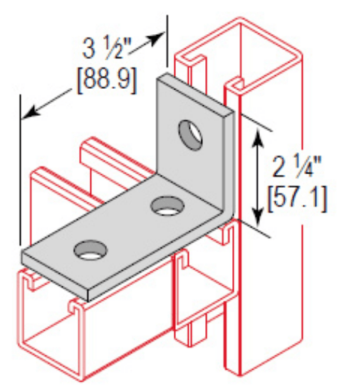 Minerallac Company CA3H3WEG - A 3-hole 3-way corner angle strut fitting. It is made of carbon steel with an electro-galvanized finish. The part measures 3-1/2 in. long, 2-1/4 in. high, and 1-5/8 in. wide, with a thickness of 1/4 in.