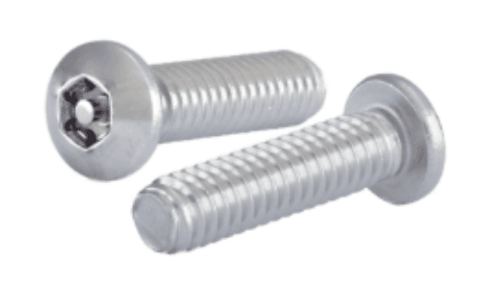 Tamperproof machine screws with a button head and socket pin drive. They are made from 18-8 stainless steel with a stainless finish for general atmospheric corrosion resistance. The screws are size #10 x 3/4" with 2A external threads and a 24 thread size.
