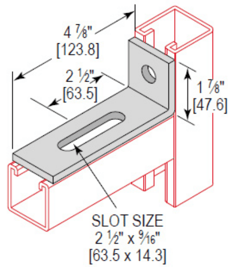 Minerallac Company CAA2H487EG - A 2-hole adjustable corner angle strut fitting with a 4-7/8 inch depth. It is made of carbon steel with an electro-galvanized finish. The part measures 1-7/8 inches high, 1-5/8 inches wide, and 1/4 inch thick, with two 9/16 inch holes, one of which is 9/16 inch x 2-1/2 inch.