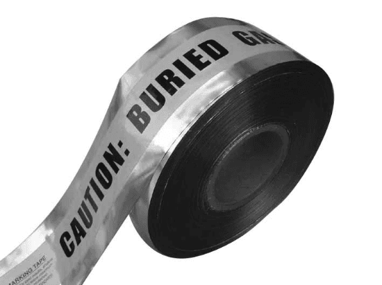 Detectable underground tape for identifying buried utility lines. It is made of PE with foil laminate and features an aluminum backing that can be detected by a non-ferrous metal detector. The tape is blue, 6 inches wide, and 1000 feet long.