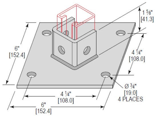 Minerallac Company PBS4H162EG - Post base single channel with 4 holes and standard 1-5/8 size. It is zinc plated. The sheet identifies it as catalog number PBS4H162EG.