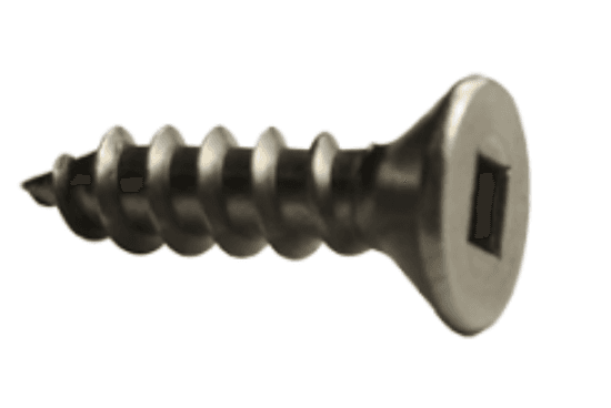 A 10 x 1 inch self-tapping sheet metal screw with a flat head and square drive. It is made of 18-8 stainless steel. The product is supplied in a jar.