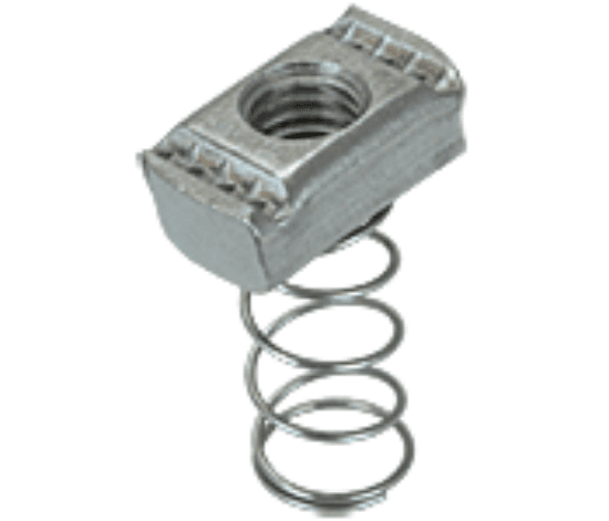 1/2"-13 channel nut with a regular spring. It is 3/8" thick and made of 316 stainless steel. The sheet identifies it as a box item.