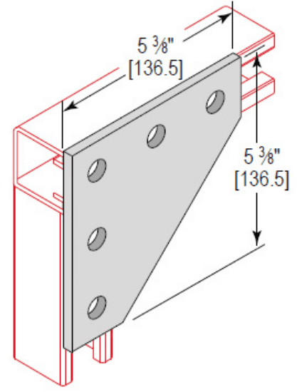 Minerallac Company CGP5HEG - A 5-hole corner gusset plate with an angular fitting design. It is made of carbon steel with an electro-galvanized finish. The plate measures 5-3/8 in. high by 5-3/8 in. wide and has 5 holes sized 9/16 in. Thickness is 1/4 in.