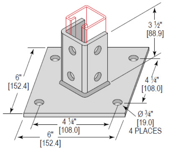 Minerallac Company PBS4H350EG - Post base single channel with a 4-hole standard 3-1/2 configuration. It is zinc plated. The sheet identifies it as catalog number PBS4H350EG.