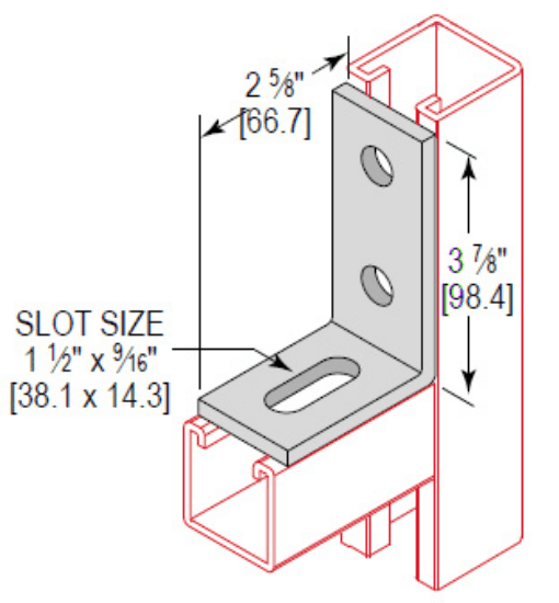 3 Hole Adjustable Corner Angle for strut fittings. It is made of carbon steel with an electro-galvanized finish. The part measures 3-7/8" high, 1-5/8" wide, and 2-5/8" deep, with 1/4" thickness.