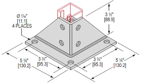 Minerallac Company PBSG4H350SQEG - A post base single channel gusset with a 4-hole square design and 3-1/2 size. It is made of carbon steel with an electro-galvanized finish. The sheet identifies it as a post base in the Strut Fittings line.
