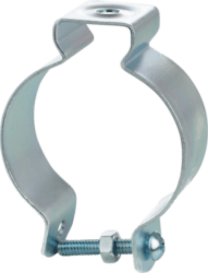 Conduit hanger with bolt and nut for electrical conduit. It is made of steel with a zinc plated finish and low-carbon cold-rolled steel construction. The hanger fits 2" rigid/IMC and EMT conduit and has a load capacity of 100.