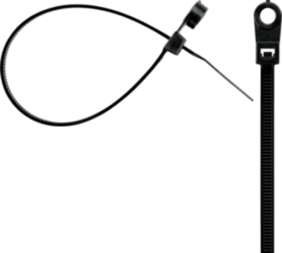 This is an 11-inch natural mounting cable tie for cable management and bundling. It is made of Nylon 66 and has a tensile strength of 50 lbs. The tie includes a mounting hole for fastening to wood or metal and is designed for indoor use.