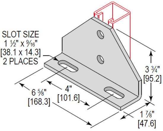 A 4 hole adjustable gusset corner angle for strut fittings. It is made of carbon steel with an electro-galvanized finish. The part measures 3-1/2" high, 3-1/2" wide, and 2-1/4" deep, with 1/4" thickness. It has two 9/16" holes and two 9/16" x 1-1/2" holes.