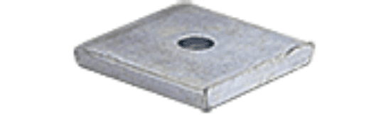 A square washer for use with 3/8" bolts. It is electro-galvanized for finish protection. The washer has a thickness of 1/4", an outside width of 1-5/8", and an inside diameter of 7/16".