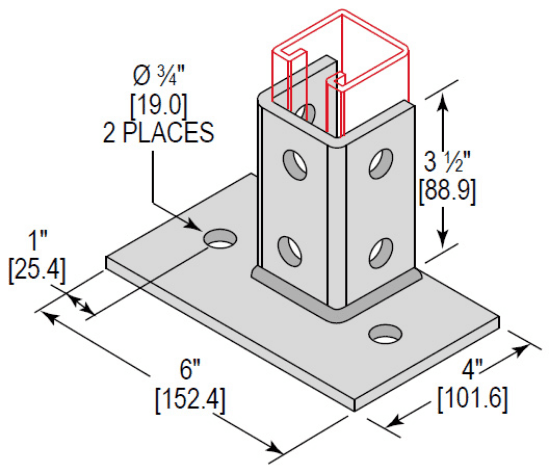 Minerallac Company PBS2H350FLEG - Post base single channel with 2 holes and a flush 3-1/2 size. It is zinc plated. The sheet does not list any additional dimensional or material attributes beyond the product title.